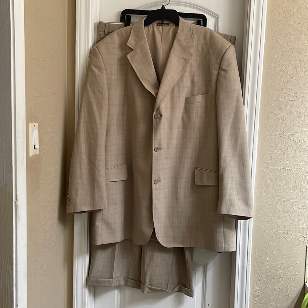 Zandello Tan Blue Stripes Mens Suit Jacket and Pants Tuxedo size 52R and 46R